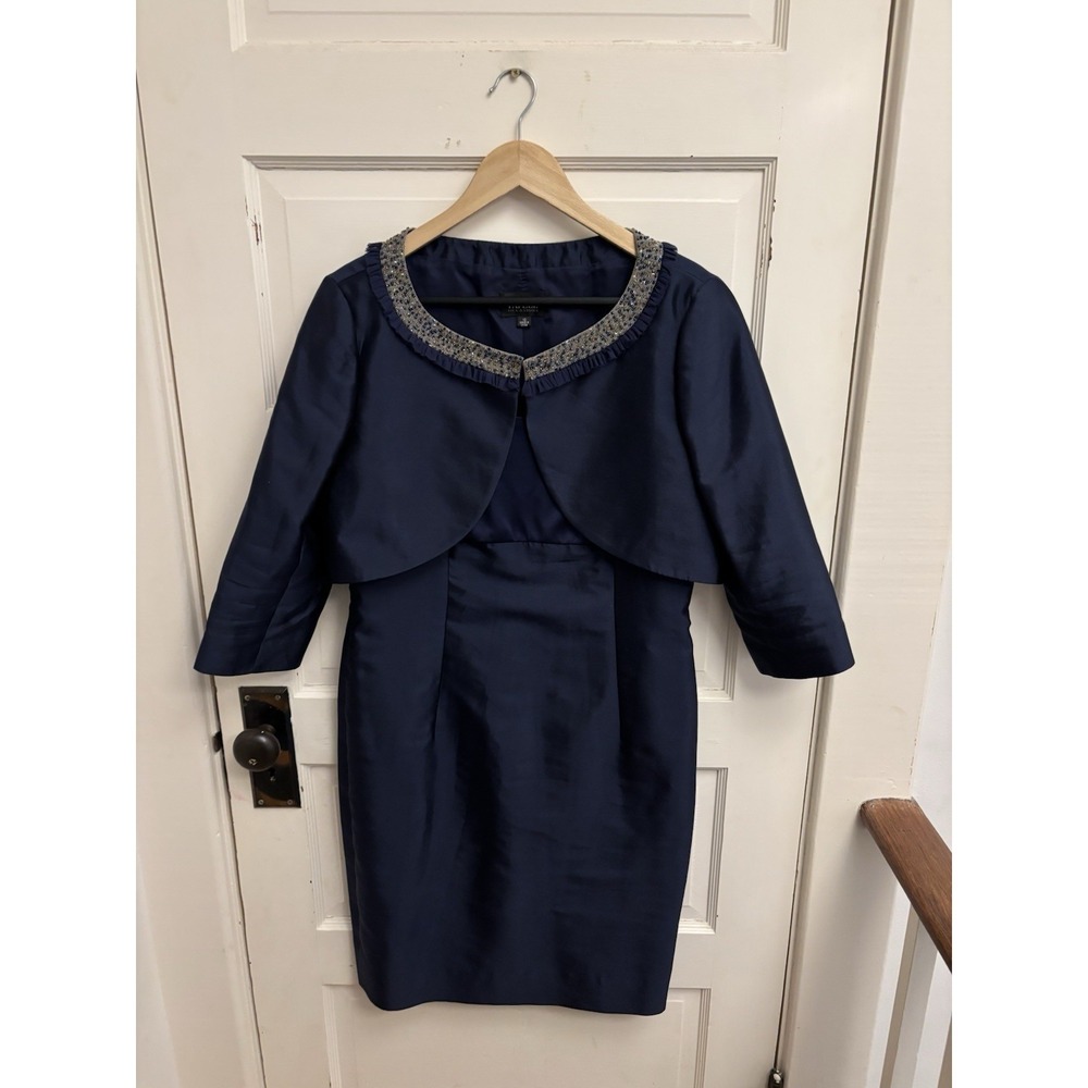 Adrienna Papell Navy Silk Sheath Dress & Bolero Jacket Formal MOB Wedding Sz 10
